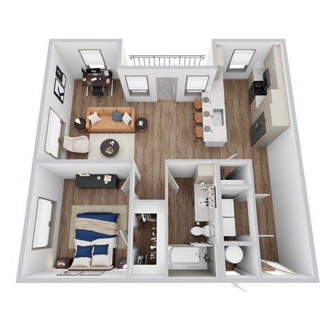 A 3D rendering of A8 floor plan at Era apartments in Denton, TX